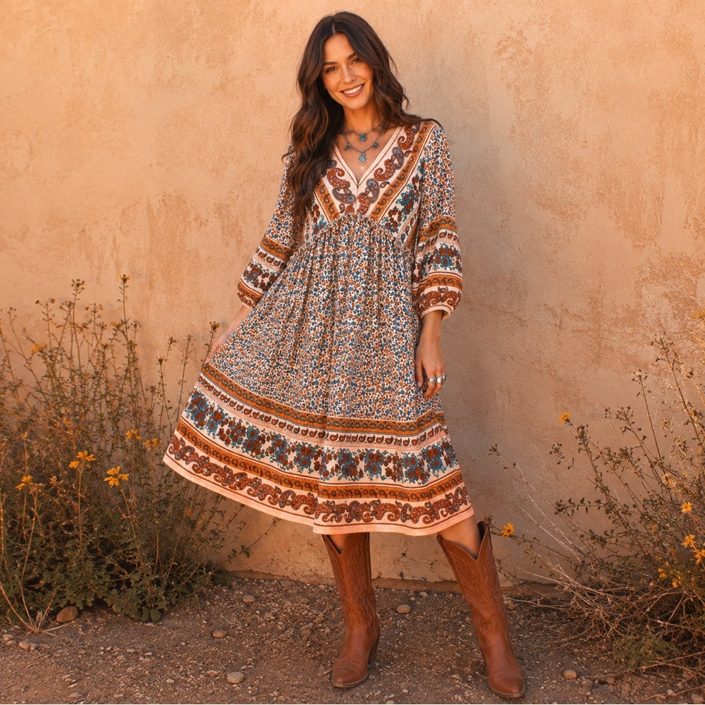 Navy Blue Floral Paisley Boho Western V-Neck Babydoll Mini Dress Medium